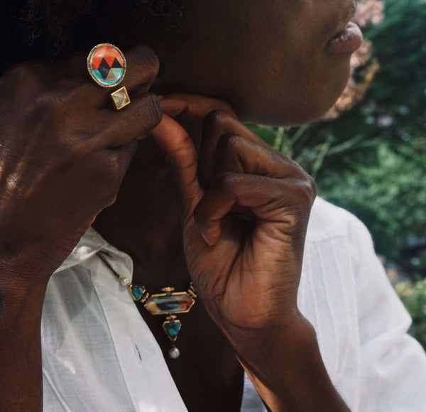 LuvMyJewelry Forever Young Turquoise & Pearl Diamond Necklace In 14K Yellow Gold Plated Sterling Silver