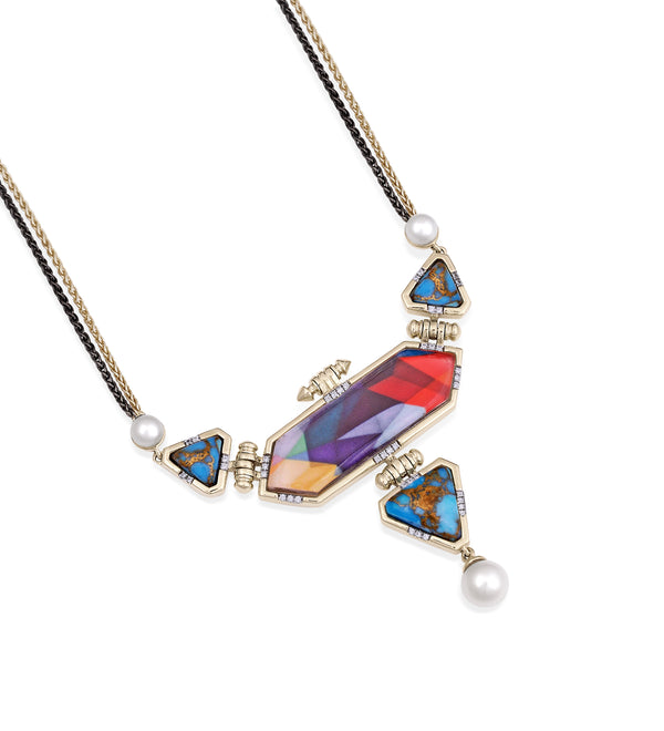 LuvMyJewelry Forever Young Turquoise & Pearl Diamond Necklace In 14K Yellow Gold Plated Sterling Silver