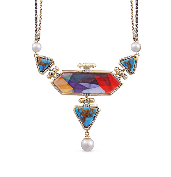 LuvMyJewelry Forever Young Turquoise & Pearl Diamond Necklace In 14K Yellow Gold Plated Sterling Silver