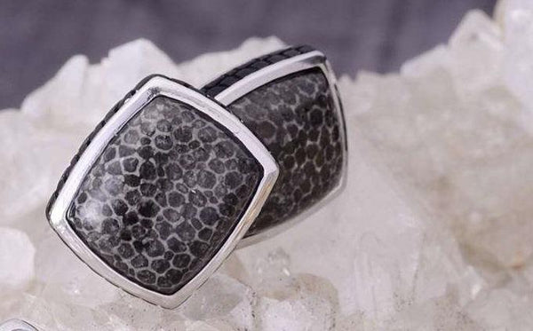 LuvMyJewelry Fossil Agate Stone Cufflinks In Black Rhodium Plated Sterling Silver