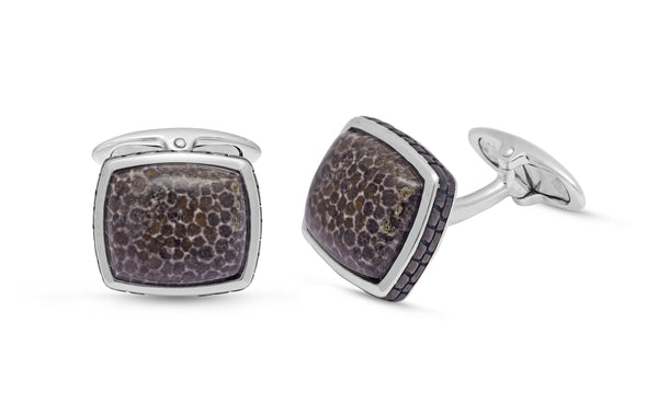 LuvMyJewelry Fossil Agate Stone Cufflinks In Black Rhodium Plated Sterling Silver