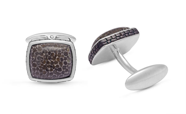 LuvMyJewelry Fossil Agate Stone Cufflinks In Black Rhodium Plated Sterling Silver