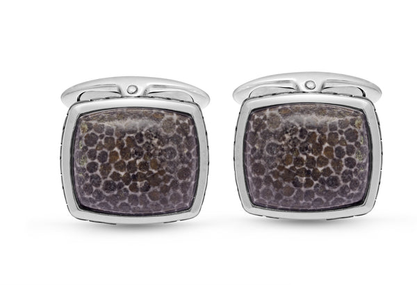 LuvMyJewelry Fossil Agate Stone Cufflinks in Black Rhodium Plated Sterling Silver