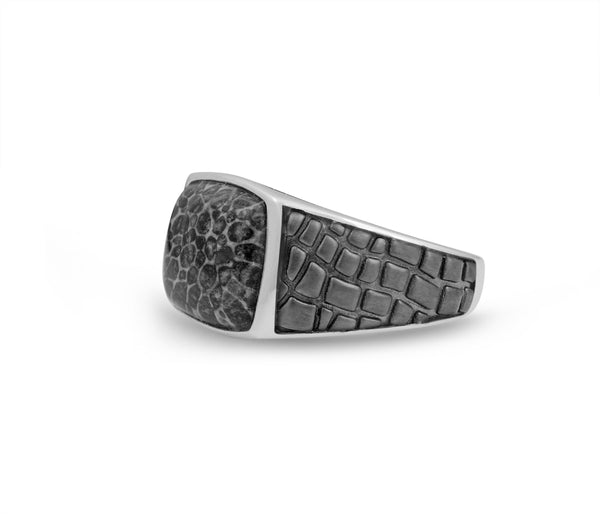 LuvMyJewelry Fossil Agate Stone Signet Ring In Black Rhodium Plated Sterling Silver