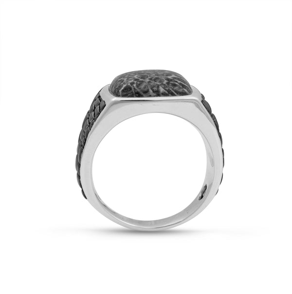 LuvMyJewelry Fossil Agate Stone Signet Ring In Black Rhodium Plated Sterling Silver