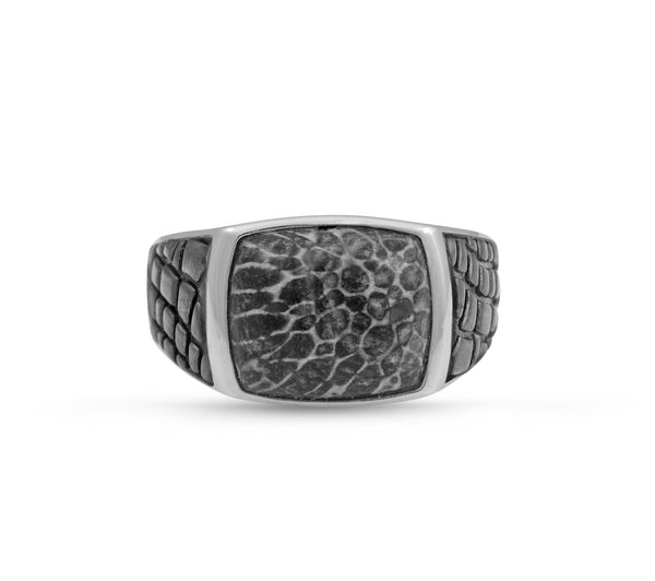 LuvMyJewelry Fossil Agate Stone Signet Ring in Black Rhodium Plated Sterling Silver