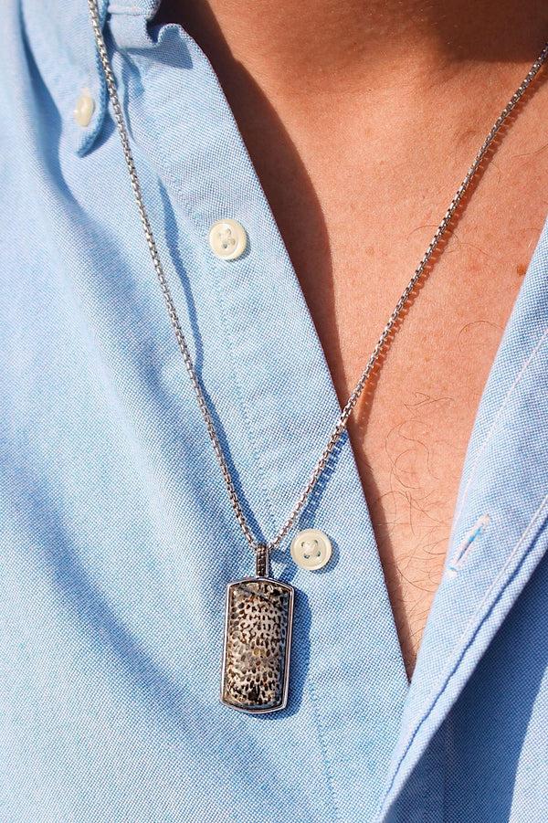 LuvMyJewelry Fossil Agate Stone Tag In Black Rhodium Plated Sterling Silver