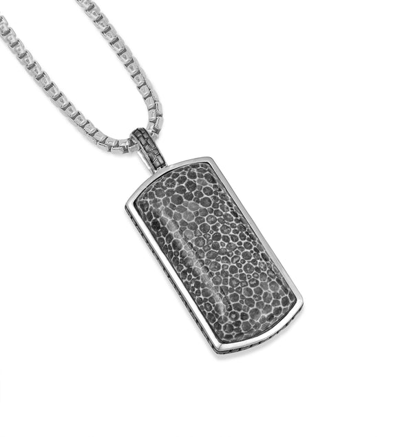 LuvMyJewelry Fossil Agate Stone Tag In Black Rhodium Plated Sterling Silver