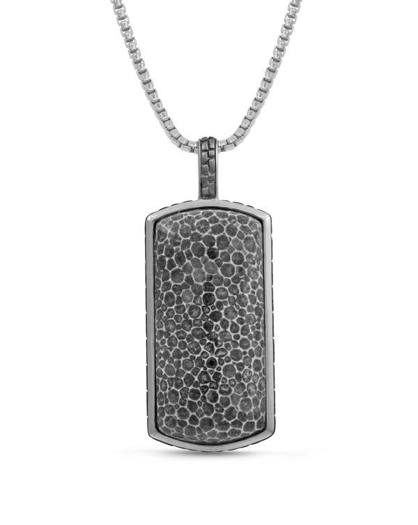 LuvMyJewelry Fossil Agate Stone Tag in Black Rhodium Plated Sterling Silver