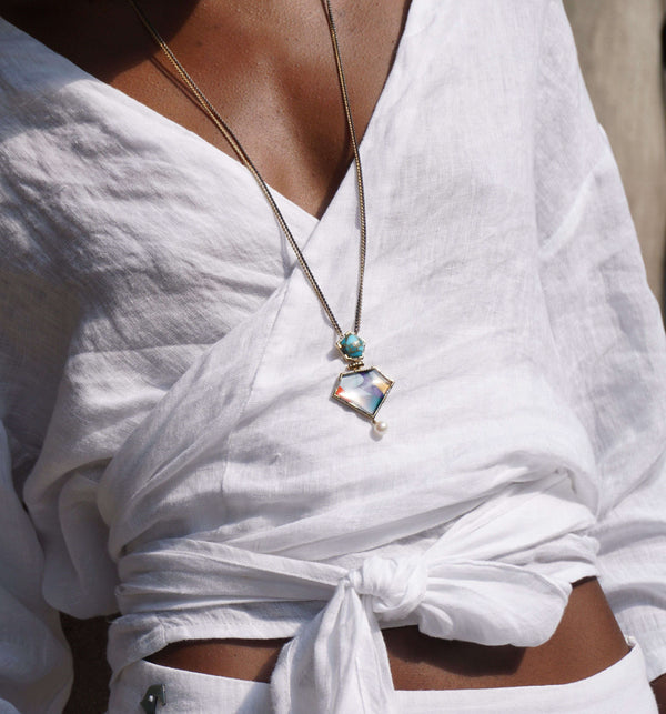 LuvMyJewelry Free Spirit Turquoise & Pearl Diamond Necklace In 14K Yellow Gold Plated Sterling Silver