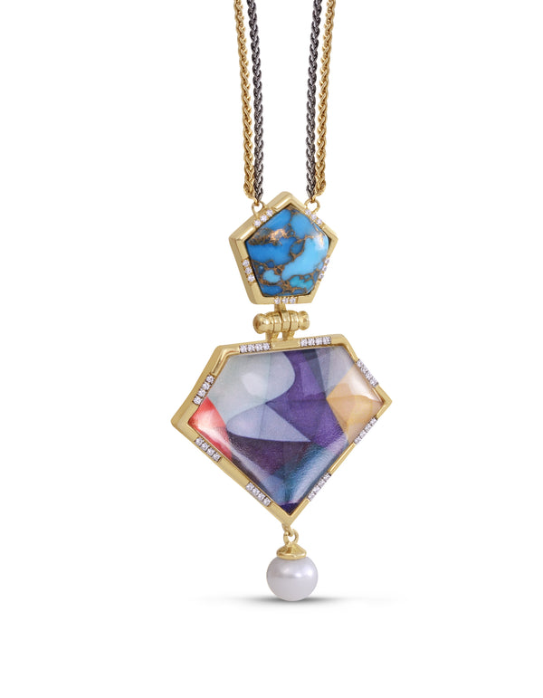 LuvMyJewelry Free Spirit Turquoise & Pearl Diamond Necklace In 14K Yellow Gold Plated Sterling Silver