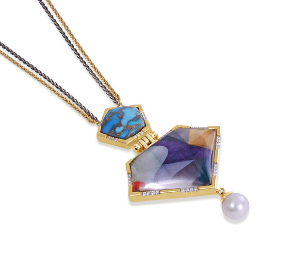 LuvMyJewelry Free Spirit Turquoise & Pearl Diamond Necklace In 14K Yellow Gold Plated Sterling Silver