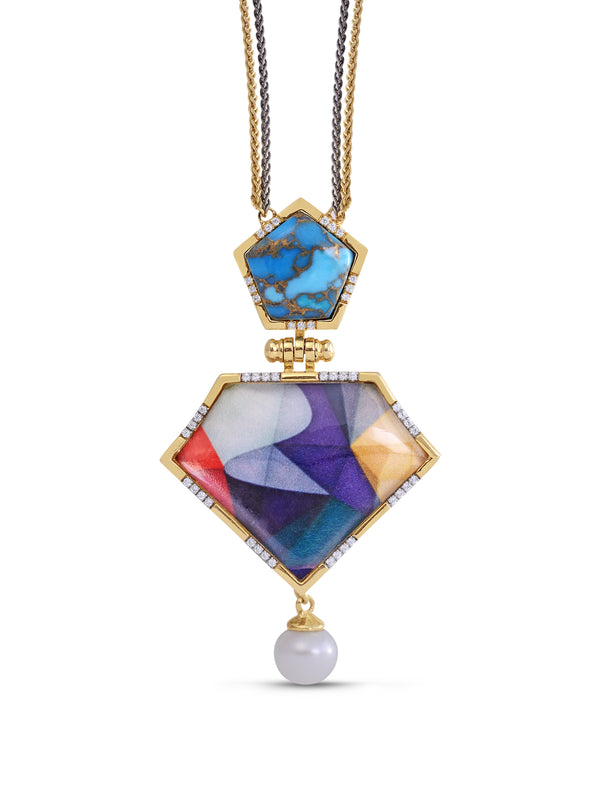 LuvMyJewelry Free Spirit Turquoise & Pearl Diamond Necklace in 14K Yellow Gold Plated Sterling Silver