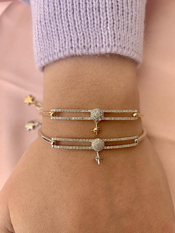 LuvMyJewelry Full Moon North Star Diamond Bangle In 14K White Gold