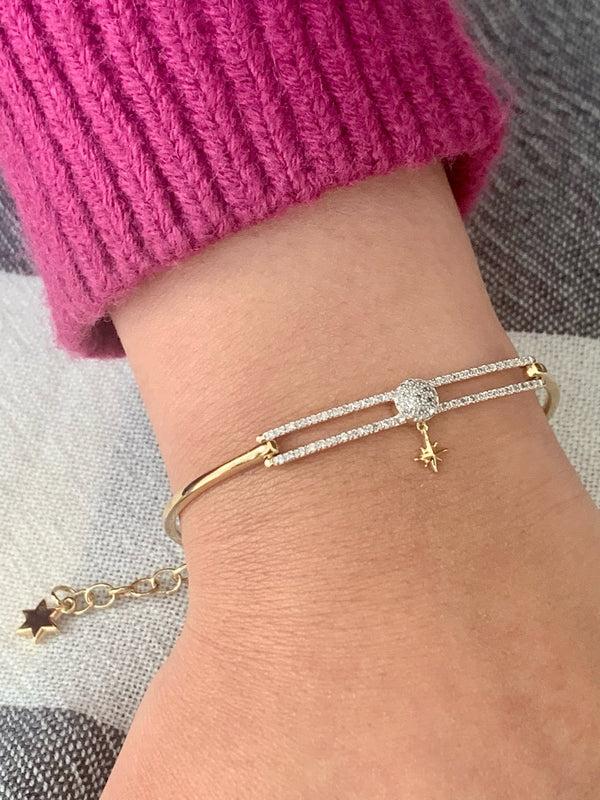 LuvMyJewelry Full Moon North Star Diamond Bangle In 14K Yellow Gold Vermeil On Sterling Silver