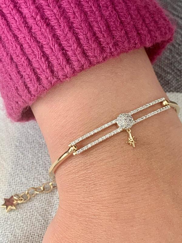 LuvMyJewelry Full Moon North Star Diamond Bangle In 14K Yellow Gold Vermeil On Sterling Silver