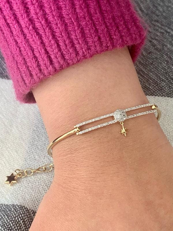 LuvMyJewelry Full Moon North Star Diamond Bangle In 14K Yellow Gold