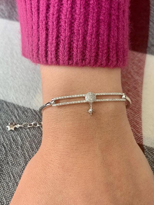 LuvMyJewelry Full Moon North Star Diamond Bangle In Sterling Silver