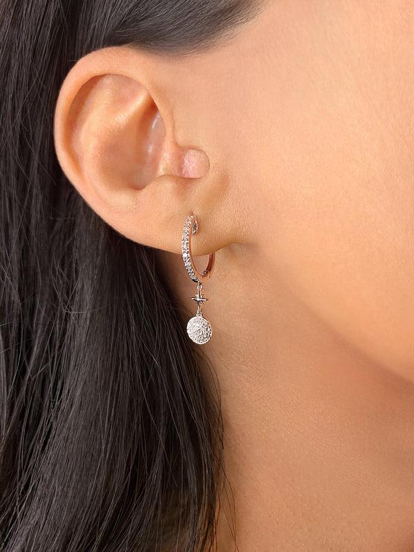 LuvMyJewelry Full Moon Star Diamond Hoop Earrings In 14K White Gold