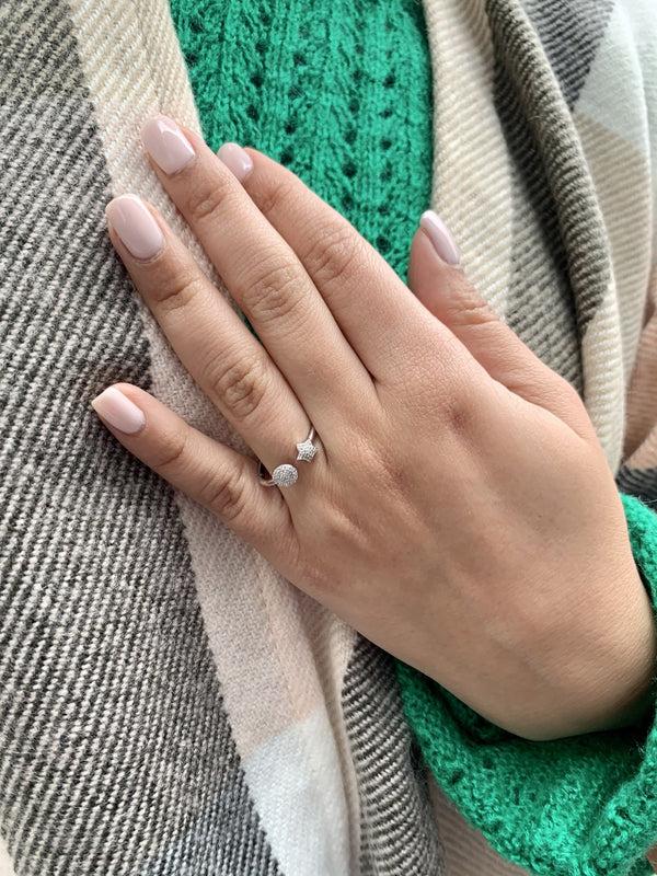 LuvMyJewelry Full Moon Star Diamond Open Ring In Sterling Silver