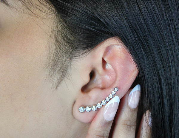 LuvMyJewelry Gaia Bubble Diamond Crawler Cuff Earrings In 14K White Gold