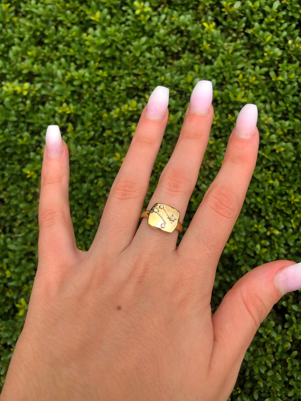 LuvMyJewelry Gemini Twin Moonstone & Diamond Constellation Signet Ring In 14K Yellow Gold