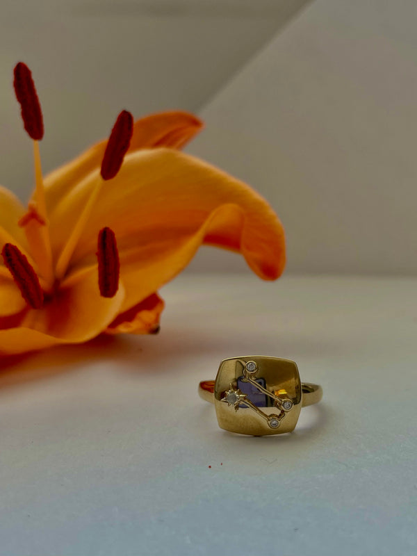 LuvMyJewelry Gemini Twin Moonstone & Diamond Constellation Signet Ring In 14K Yellow Gold