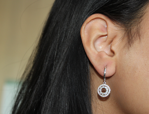 LuvMyJewelry Genevieve Pave Round Diamond Drop Huggie Hoop Earrings In 14K White Gold