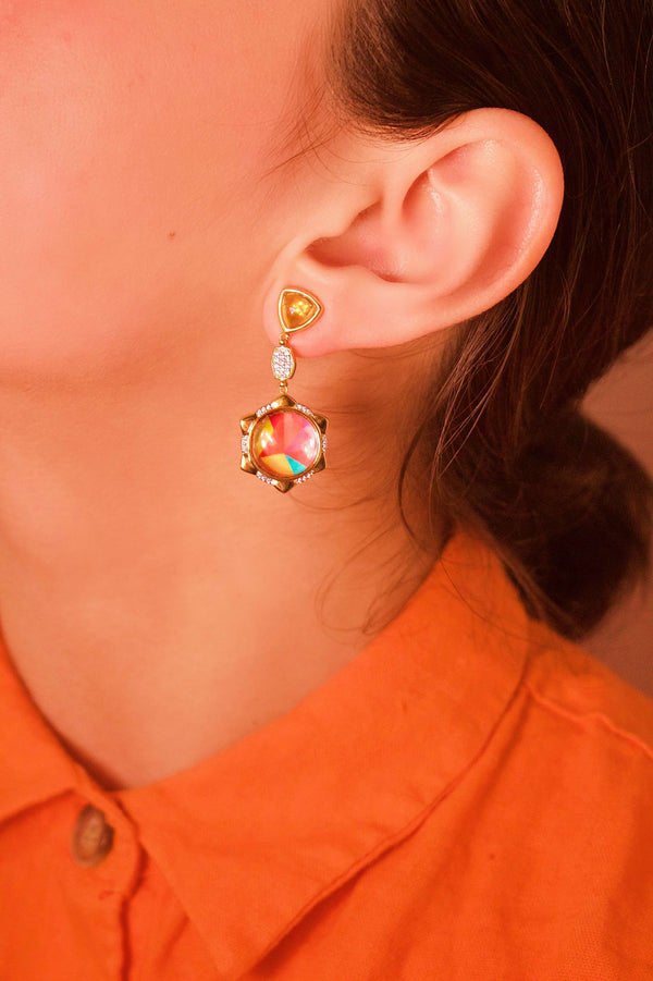 LuvMyJewelry Girl On Fire Citrine & Diamond Mosaic Earrings In 14K Yellow Gold Plated Sterling Silver