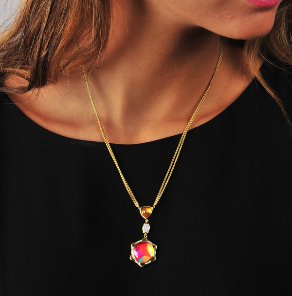 LuvMyJewelry Girl On Fire Citrine & Diamond Mosaic Necklace In 14K Yellow Gold Plated Sterling Silver