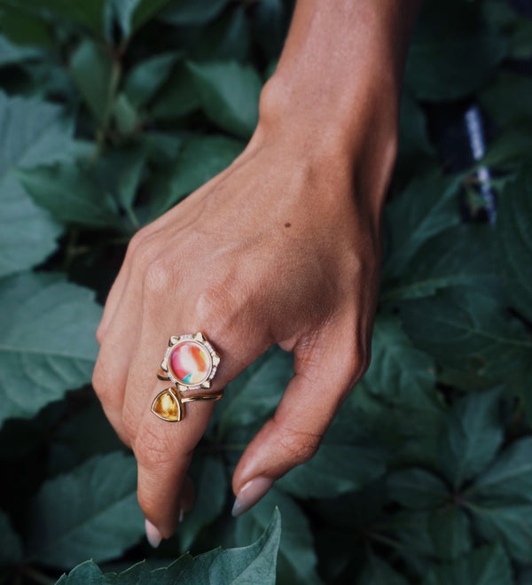 LuvMyJewelry Girl On Fire Citrine & Diamond Open Ring In 14K Yellow Gold Plated Sterling Silver