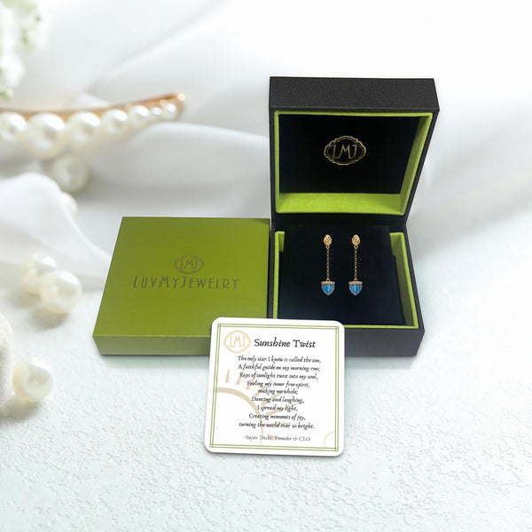 LuvMyJewelry Glory Of The Sun Sling Turquoise & Diamond Earrings In 14K Yellow Gold Plated Sterling Silver