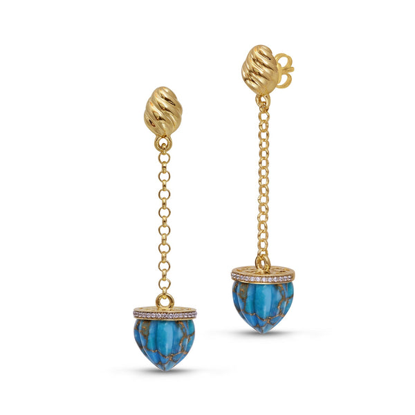 LuvMyJewelry Glory of the Sun Sling Turquoise & Diamond Earrings in 14K Yellow Gold Plated Sterling Silver