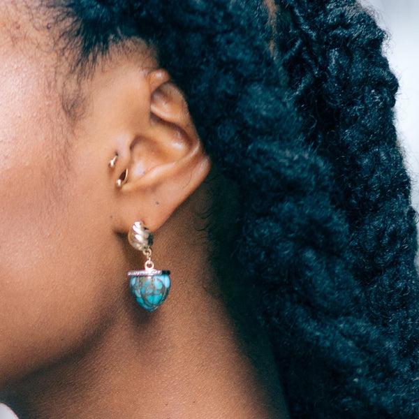 LuvMyJewelry Glory Of The Sun Turquoise & Diamond Drop Earrings In 14K Yellow Gold Plated Sterling Silver