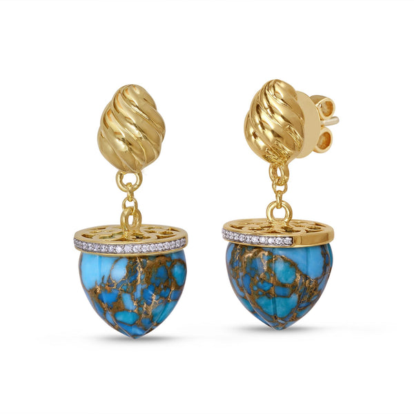 LuvMyJewelry Glory of the Sun Turquoise & Diamond Drop Earrings in 14K Yellow Gold Plated Sterling Silver