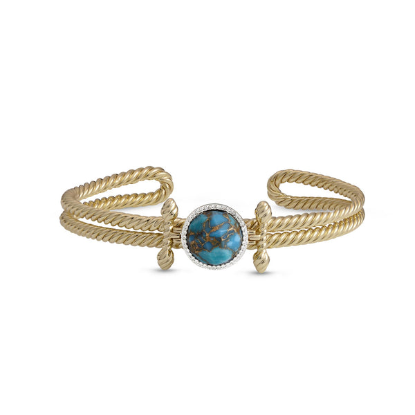 LuvMyJewelry Golden Rays Turquoise & Diamond Cuff In 14K Yellow Gold Plated Sterling Silver