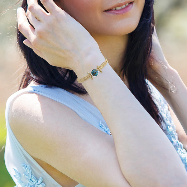 LuvMyJewelry Golden Rays Turquoise & Diamond Cuff In 14K Yellow Gold Plated Sterling Silver