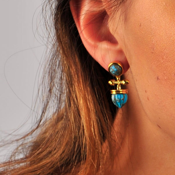 LuvMyJewelry Golden Rays Turquoise Drop Earrings In 14K Yellow Gold Plated Sterling Silver