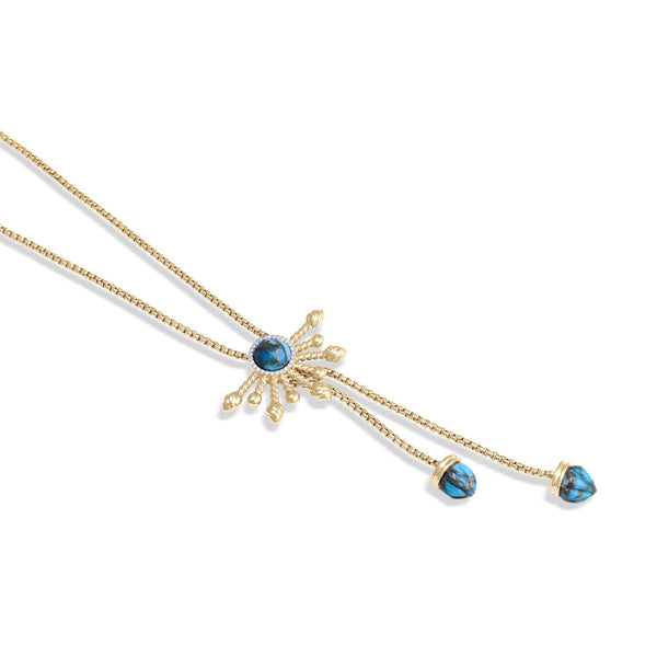 LuvMyJewelry Golden Rays Turquoise Half Sun Diamond Lariat Necklace in 14K Yellow Gold Plated Sterling Silver