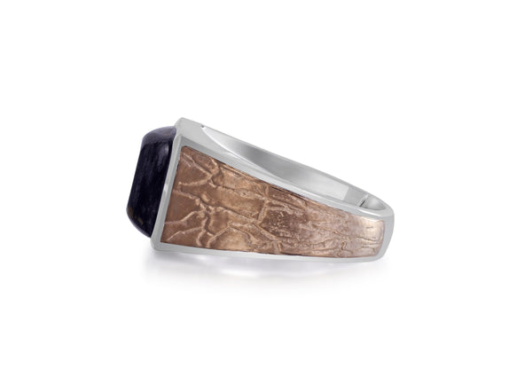 LuvMyJewelry Grey Picture Agate Stone Signet Ring In Brown Rhodium Plated Sterling Silver