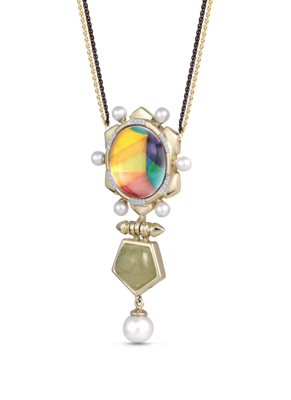 LuvMyJewelry Gypsy Soul Prehnite & Pearl Diamond Necklace In 14K Yellow Gold Plated Sterling Silver