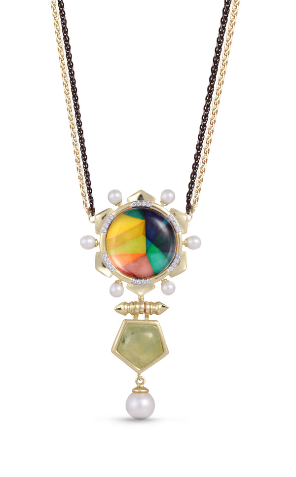 LuvMyJewelry Gypsy Soul Prehnite & Pearl Diamond Necklace in 14K Yellow Gold Plated Sterling Silver