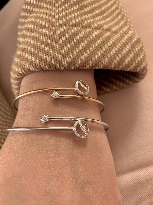 LuvMyJewelry Half Moon Star Adjustable Diamond Bangle In 14K White Gold