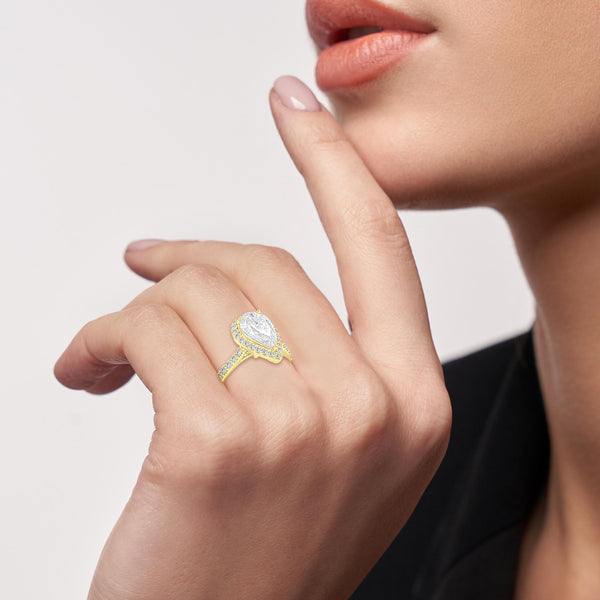 LuvMyJewelry Hana 14K Yellow Gold Pear Lab Grown Diamond Halo Engagement Ring - 2.45 Ct