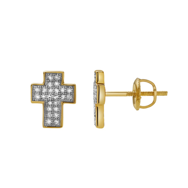 LuvMyJewelry Heavens Cross 10K Yellow Gold Cluster Diamond Unisex Earrings - 0.24 Cts