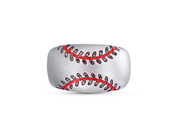 LuvMyJewelry Home Run Baseball Sterling Silver Red Diamond & Enamel Band Ring