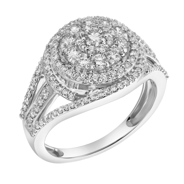 LuvMyJewelry Imperium 14K White Gold Round Diamond Studded Double Halo Ring - 0.99cts