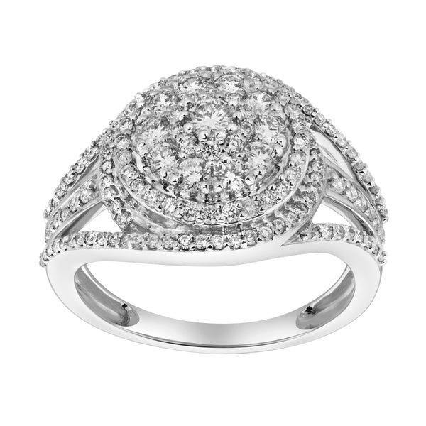 LuvMyJewelry Imperium 14K White Gold Round Diamond Studded Double Halo Ring - 0.99cts