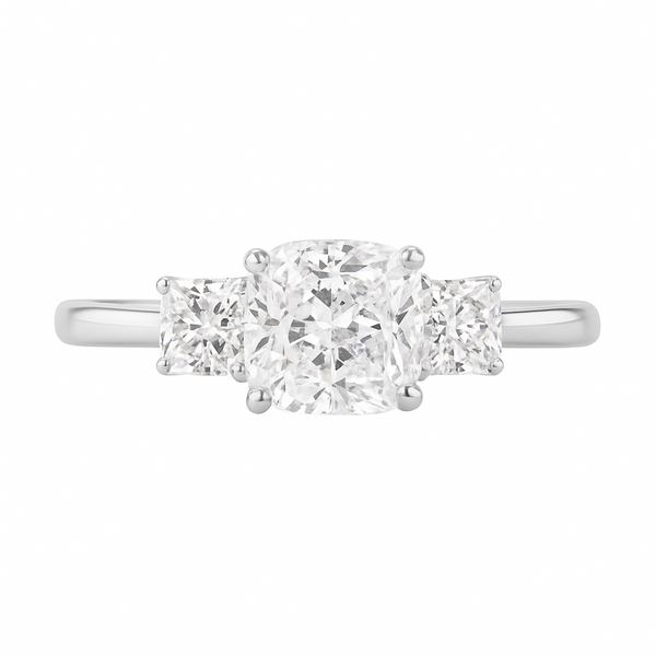 LuvMyJewelry Kahini 14K White Gold Cushion Lab Grown Diamond Three Stone Engagement Ring - 2.15 Cts