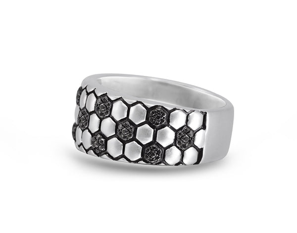 LuvMyJewelry Kick & Goal Soccer Black Rhodium Plated Sterling Silver Black Diamond Band Ring